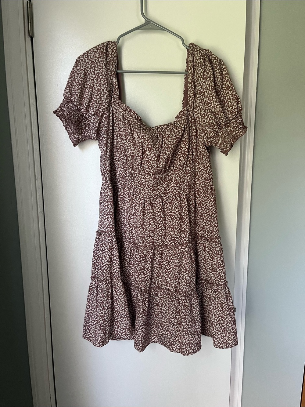 Altar’d State Brown Floral Tiered Puff-Sleeve Dress
